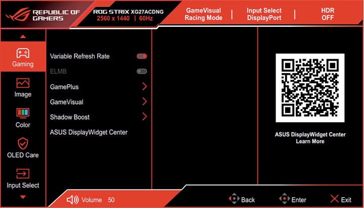 ASUS XG27ACDNG OSD Menu