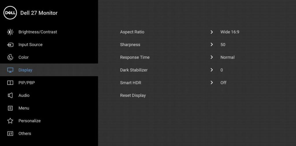 dell s2721qs osd menu layout