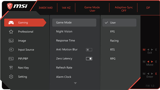 MSI MAG342CQR OSD Menu 
